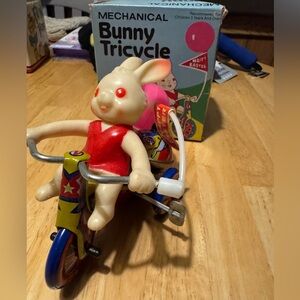 Vintage Mechanical Bunny Tricycle Easter Wind-up Toy Made in Korea 1985